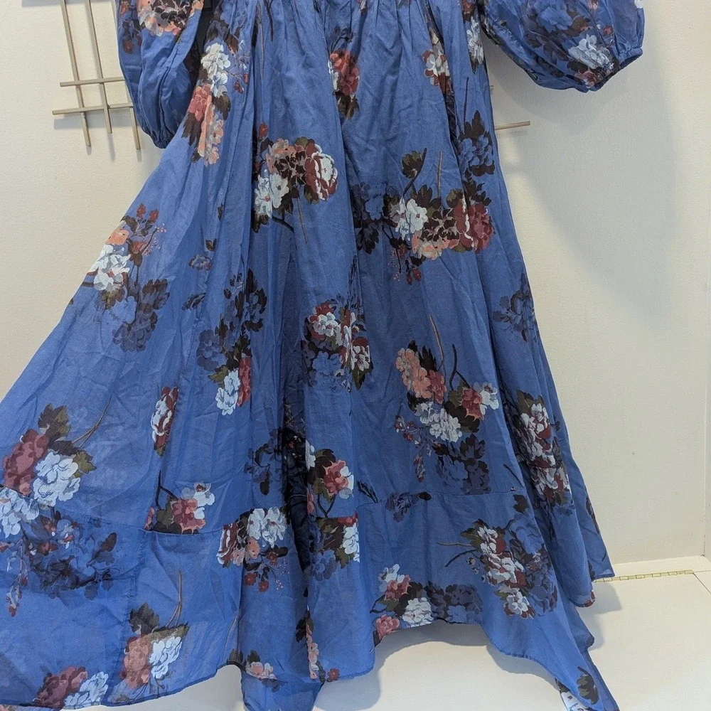 Free People Midi Dress Blue Floral Smocked Puff Sleeve Sz M OB2003304 Boho NWT
